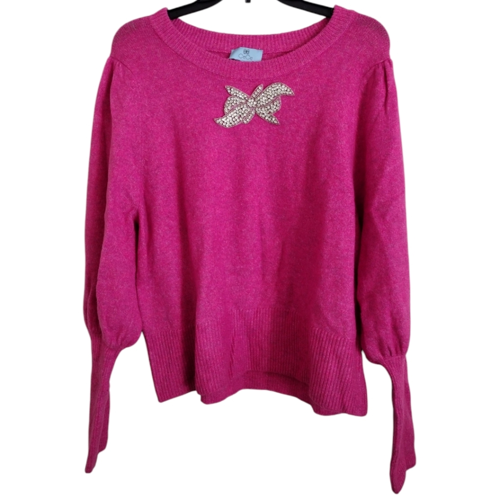 CeCe bright pink sweater rhinestone sequin decal balloon sleeves size Large